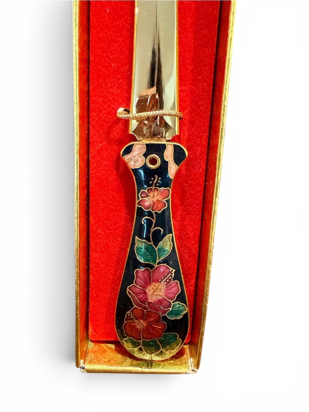 Vintage Cloisonné Letter Opener Hibiscus Floral Enamel Desk Accessory w/Box - Picture 4 of 5
